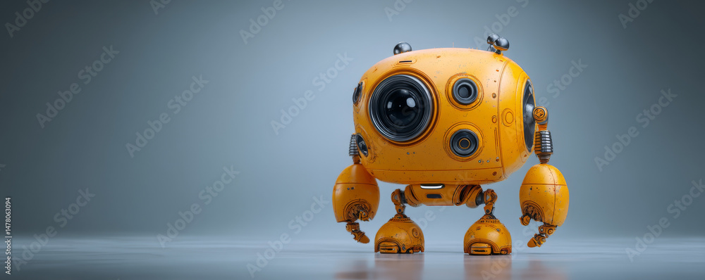 Poster a colorful robot with a camera lens, showcasing modern engineering and design.