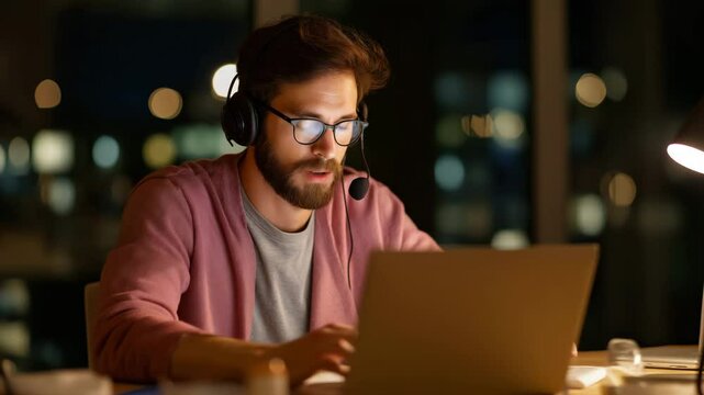 Bearded Caucasian man in glasses and headset working late on laptop at night, tech support or remote freelance video for IT services, education, or work-from-home branding