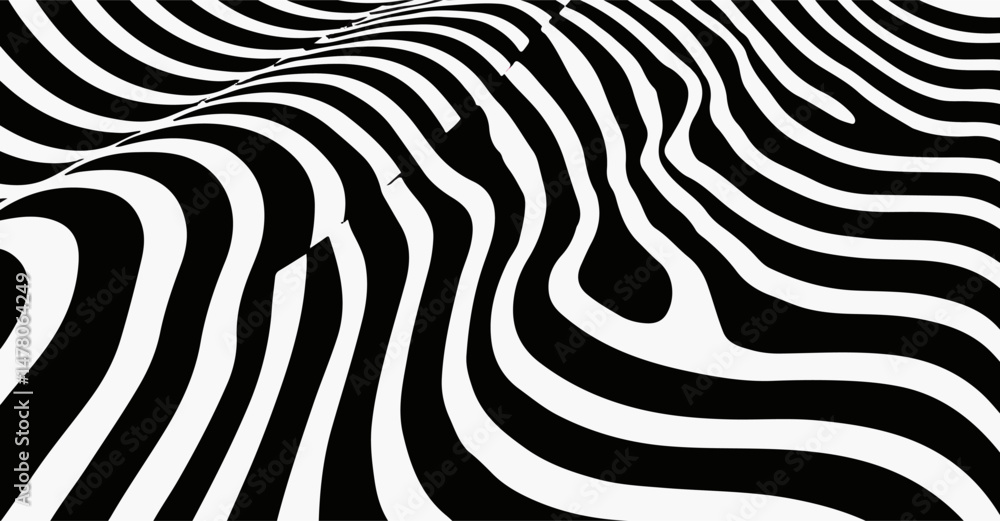 Poster vector illustration features dynamic black and white wavy lines in an abstract, optical art style. i