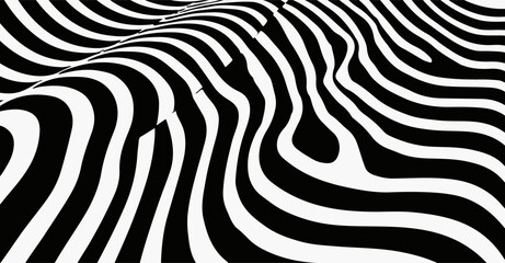 Vector illustration features dynamic black and white wavy lines in an abstract, optical art style. It channels a modern, bold look that’s popular in current minimal and graphic design trends.