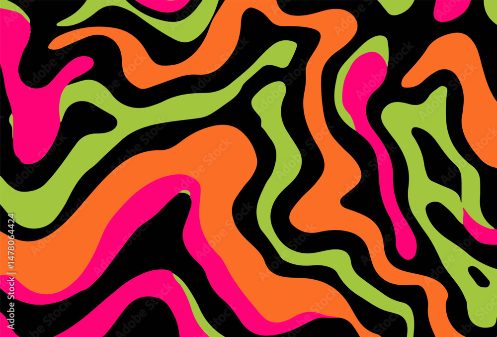 Aufkleber vector illustration features an abstract pattern with flowing, wavy shapes in neon pink, green, and 