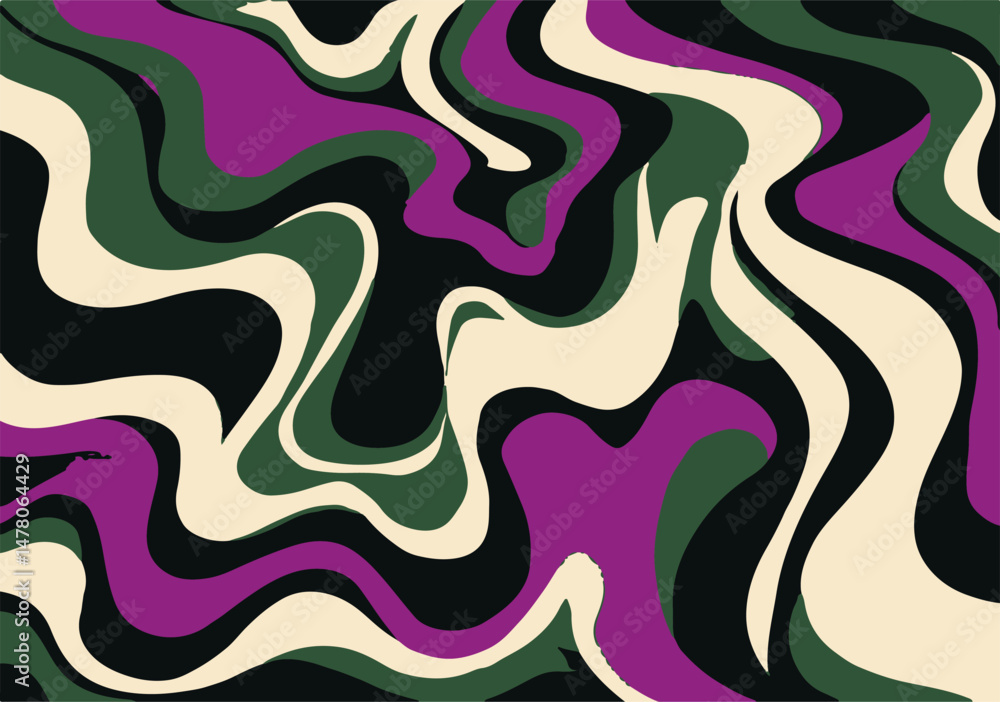Poster Vector illustration in popular modern Op Art style, featuring dynamic wavy lines and abstract flowing shapes, creating an illusion of depth and movement with high contrast and bold graphic elements.