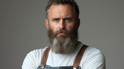 A serious man with a full beard wearing overalls, showcasing a rugged look with a neutral background.
