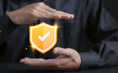 Protection concept. Healthcare, insurance. Cyber security. Network safety. Person protecting shield with check mark on virtual screen.