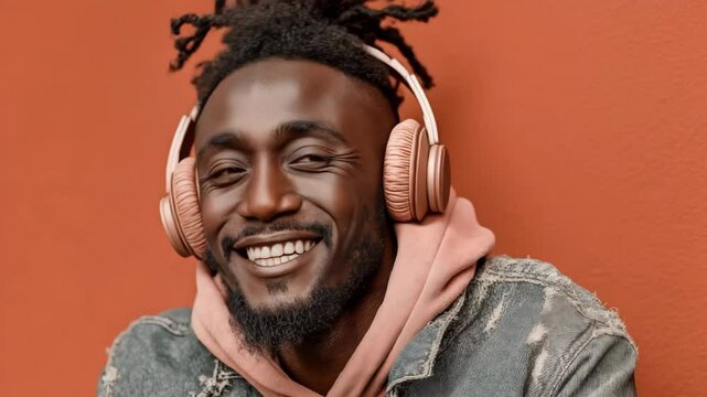 Joyful young Black man listening to music in pink headphones against orange background, perfect for youth culture, music streaming, lifestyle promotions and positive mood advertising content in vibran