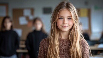 Obraz premium A smiling young girl with long hair stands in a classroom. Soft focus background with classmates. Warm lighting creates a friendly atmosphere.