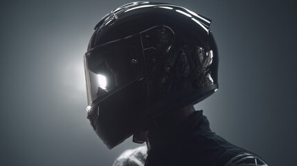 Fototapeta premium A close-up of a racer wearing a black helmet against a dramatic light backdrop.