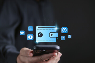Digital wallet concept. E-wallet, online payment by digital wallet. Mobile banking and money transaction. Person using smartphone with digital wallet icon on virtual screen.