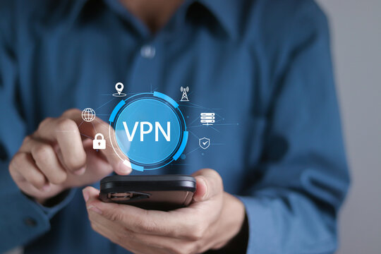 VPN virtual private network concept. Data protection and security, privacy and VPN technology. Encrypted connection for anonymous internet user. Person using smartphone with VPN icons.