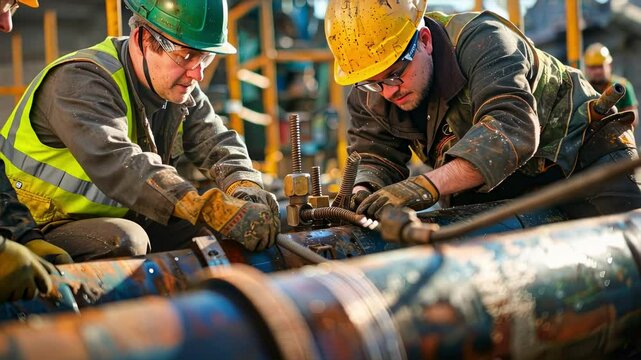Two workers in helmets collaborate on a pipe project at a busy construction site. Safety and teamwork are essential in this hard work environment.