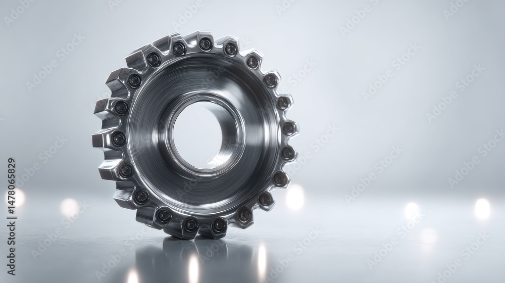 Aufkleber a close-up view of a metallic gear on a smooth surface with soft lighting.