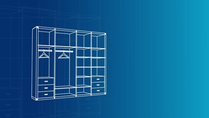 Drawing of construction of wardrobe on blue background. 3D animation of furniture assembly process. Concept of custom furniture business. Video 4K