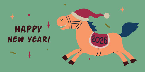 Happy New Year of the Horse 2026 card banner invitation poster with running horse in Santa Claus hat