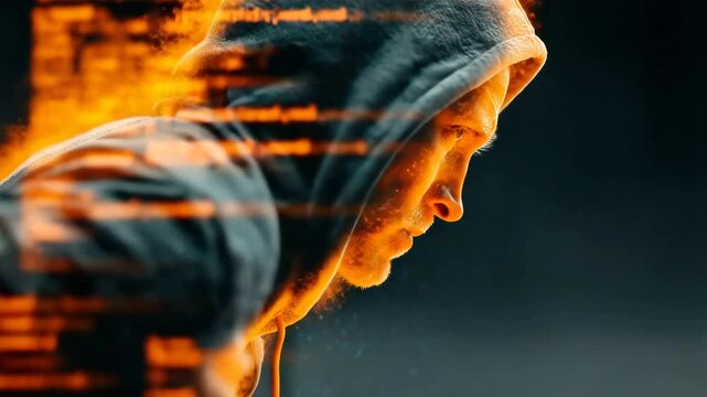 Young man in hoodie surrounded by glowing orange programming code, symbolizing cybersecurity, hacking, or digital identity for tech explainer videos or cybercrime awareness campaigns.