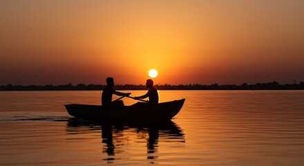 Two People Rowing Boat at Sunset