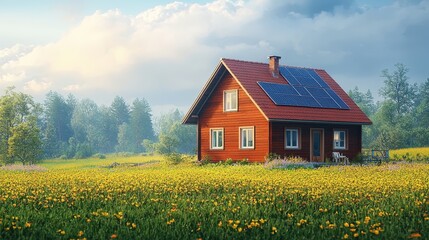 Rustic home nestled in a vibrant field of flowers.