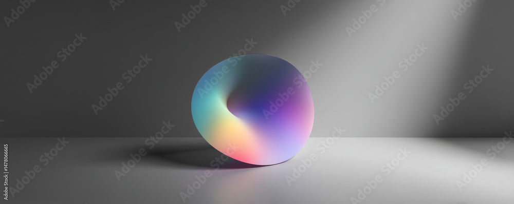 Poster a colorful abstract orb emitting light in a stark environment, creating a serene atmosphere.