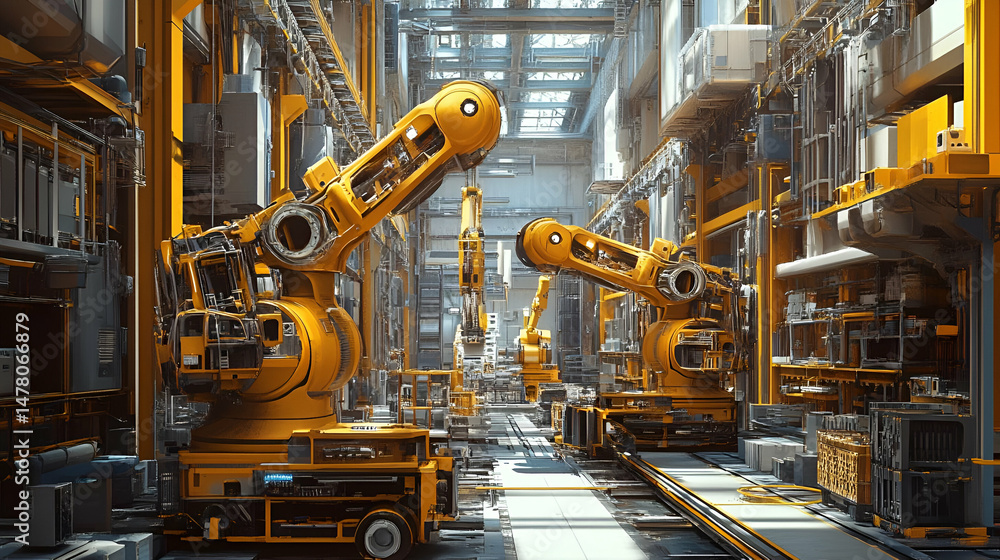 Aufkleber yellow industrial robots in modern factory setting