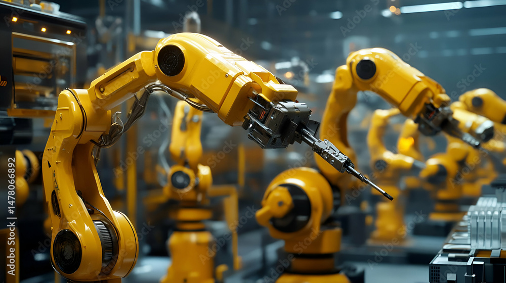 Aufkleber yellow industrial robots on assembly line in a modern factory