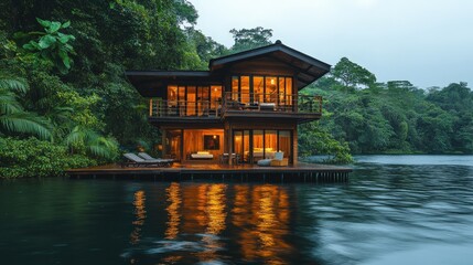 Fototapeta premium Peaceful wooden house on a tranquil lake surrounded by lush greenery.