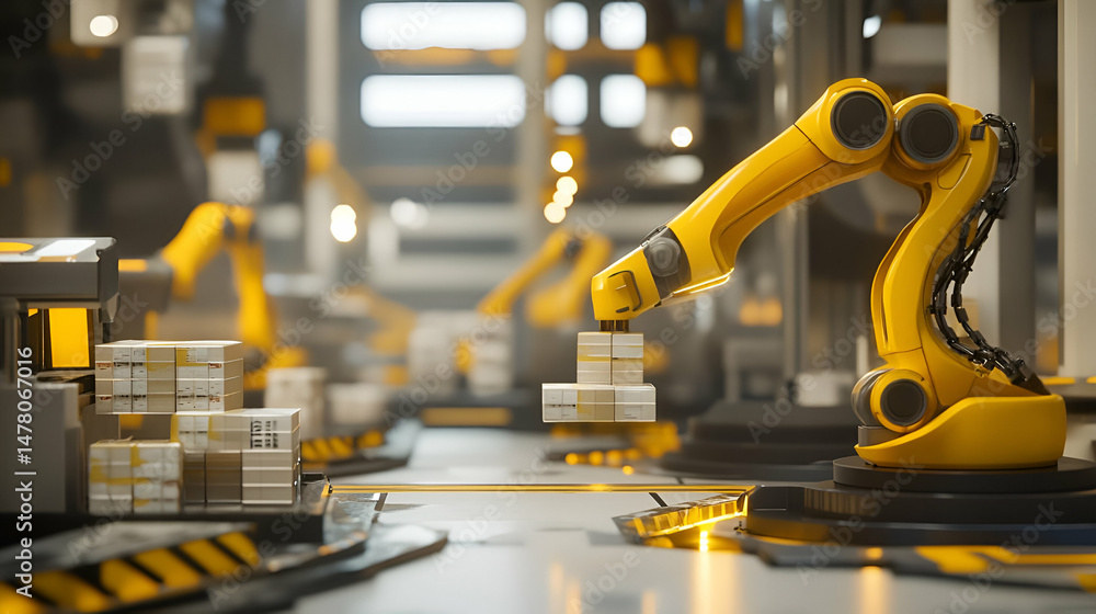 Poster yellow robotic arm moving boxes in a modern factory
