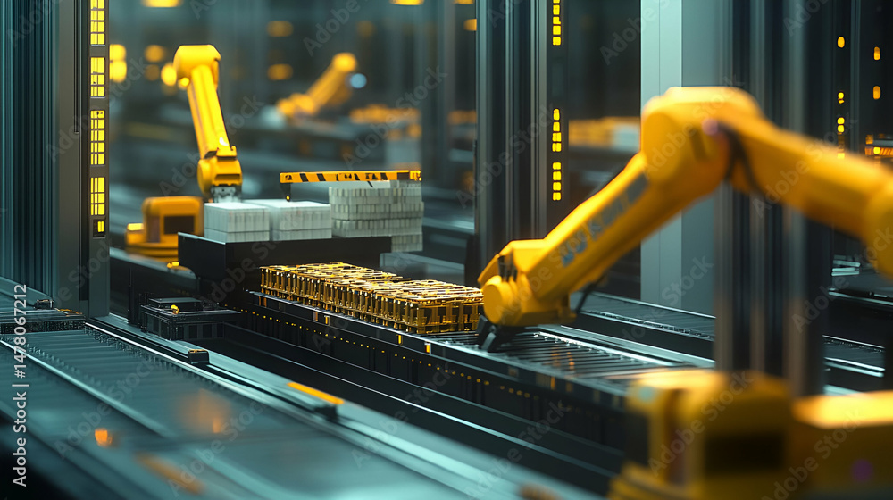 Poster yellow robotic arms on assembly line in modern factory