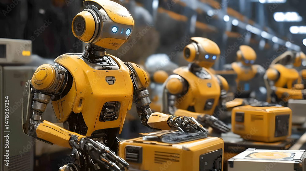 Poster Yellow Robots on Assembly Line in Futuristic Factory