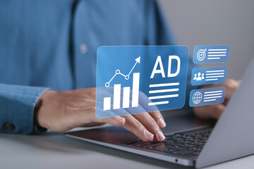 Digital marketing commerce online sale concept. Planning, advertising marketing strategies to target social media native, ad, advertisers and sales. Person using laptop to advertise on website.