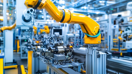 Yellow Robotic Arms on Assembly Line in Modern Factory