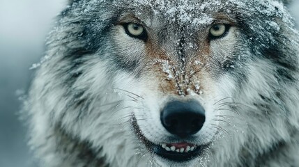 Frosty Canine Portrait A CloseUp of a SnowCovered Wolfs Face with Intense Eyes and Detailed