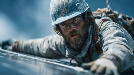 Obraz premium A rugged individual in a dusty work environment wearing protective gear and climbing equipment