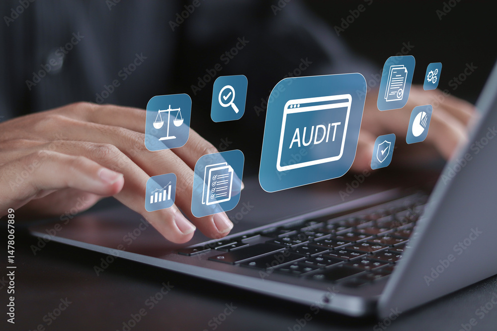 Poster audit business concept. auditing financial accounts within the organization..businessman using lapto