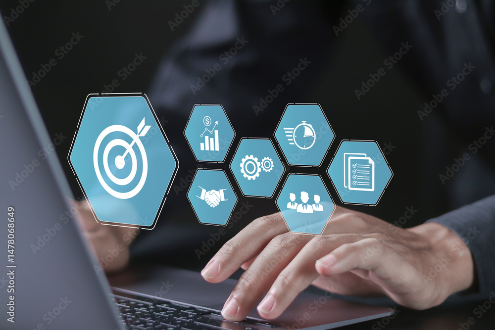 Poster business targeting concept. planning development leadership, customer relation management and custom