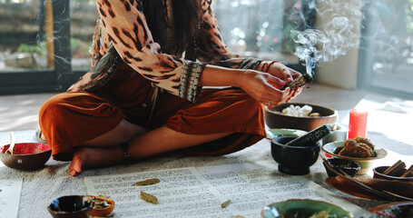 Healing, smoke and holistic with hands of woman for spiritual retreat, self care ritual and burning...