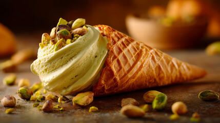 Delicious ice cream cone with croissants, food photography cozy environment close-up view