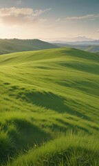Gentle slope of vibrant green grass, sunlit hilltop ,  field,  environment,  background