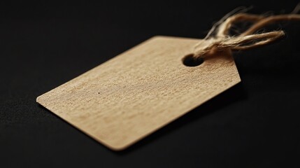 Fototapeta premium A close-up shows a blank price tag with attached string, set against a black backdrop. The label is isolated and ready for text. 