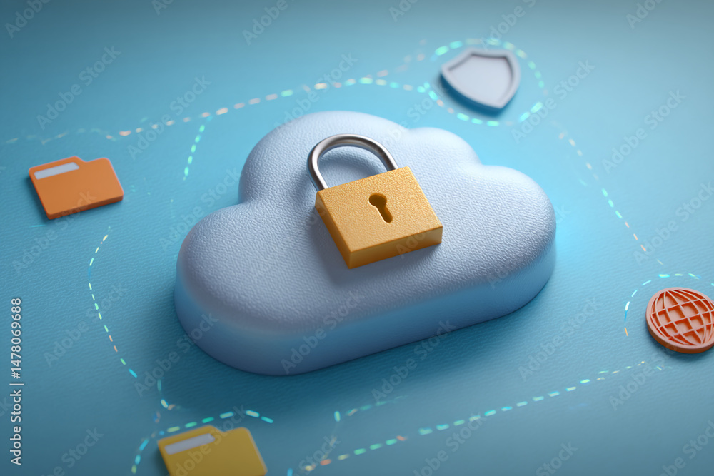 Poster stylized cloud with padlock, symbolizing secure cloud storage and data protection, ideal for technol