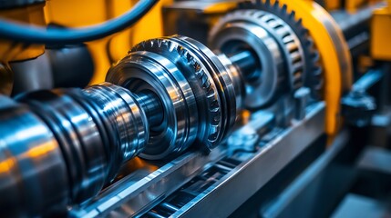 Fototapeta premium A CNC milling machine in action, precisely cutting metal parts. The image shows a close-up view within a busy industrial factory setting. 