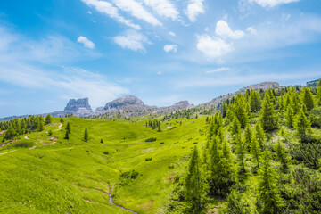 Naklejka premium Falzarego alpine pass and high mountains, Dolomites, Italy.