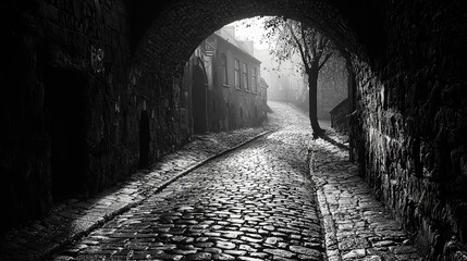 Foggy cobblestone street under an archway in an old town at dawn