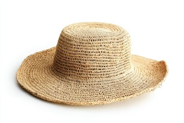 Close up of a woven straw hat with a wide brim on a white background