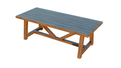 A wooden table with a wooden top on a white background