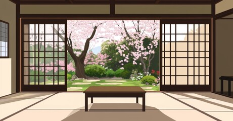 Fototapeta premium The beautiful view of a Japanese garden and cherry blossoms in spring from a traditional washitsu makes it perfect for ryokan and hotel promotional purposes