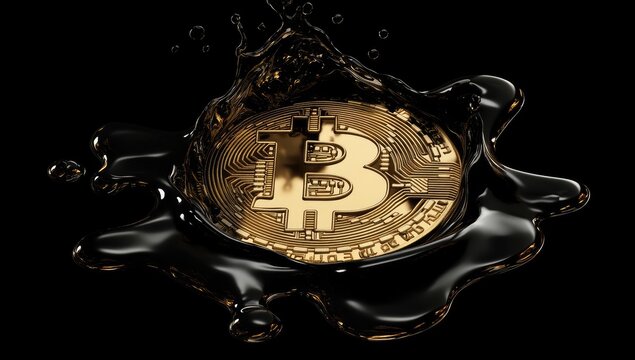 Golden cryptocurrency coin immersed in a splash of dark liquid