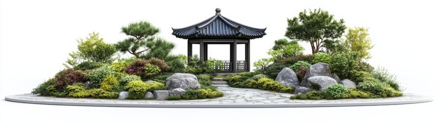 Fototapeta premium A gorgeous Japanese zen garden model is presented, incorporating a tiny pavilion, dense greenery, trees, and a calm pathway, making it a paradise for relaxation lovers
