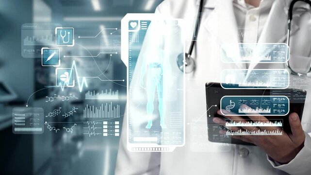 Close up of doctor holding tablet and pointing at human anatomy hologram floating at lab. Medical worker using technology innovation while diagnosis symptom and working with medical data. Remedial.