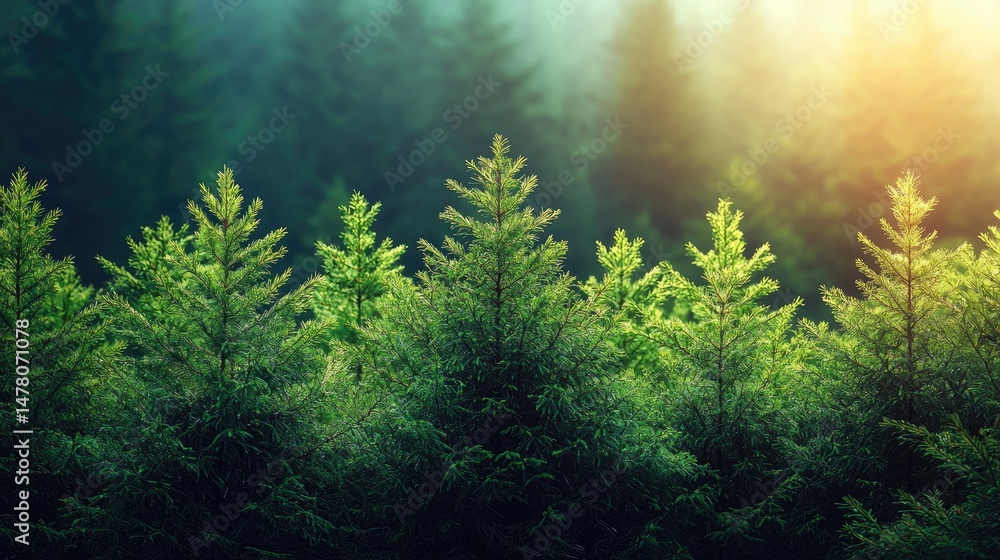 Poster lush green coniferous forest with sunlight filtering through trees at dawn