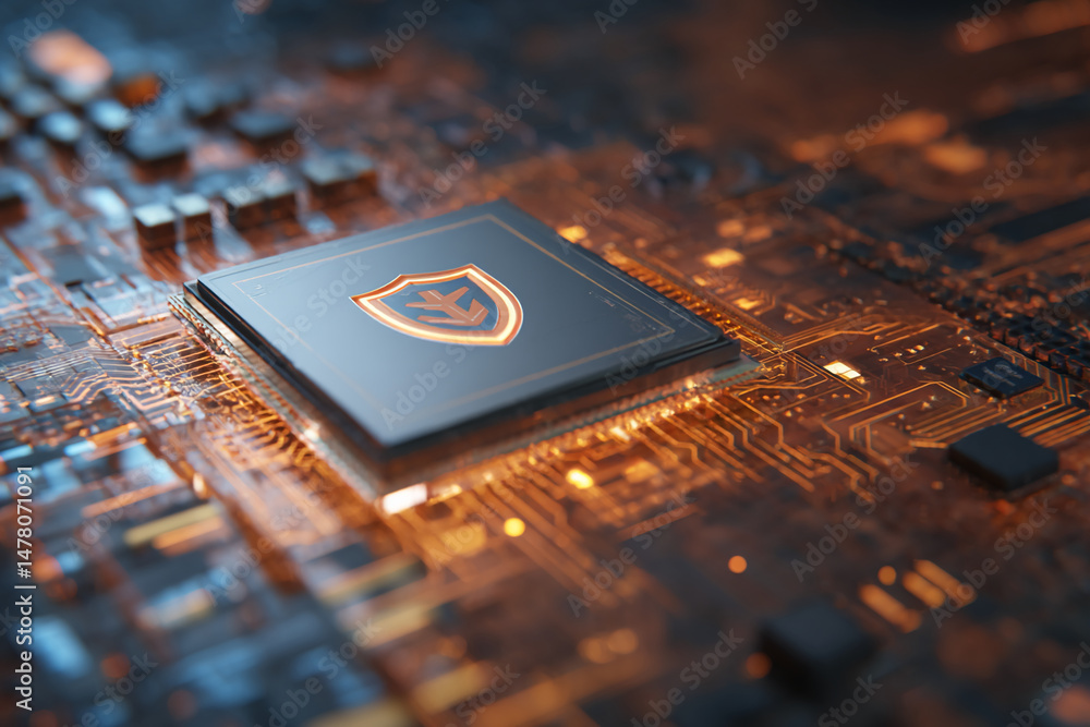 Aufkleber close-up of microchip with shield symbol on circuit board, showcasing technological security and pro