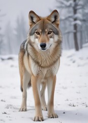 Naklejka premium Eurasian wolf, snow-covered landscape, winter fur , animal, silhouette, wildlife